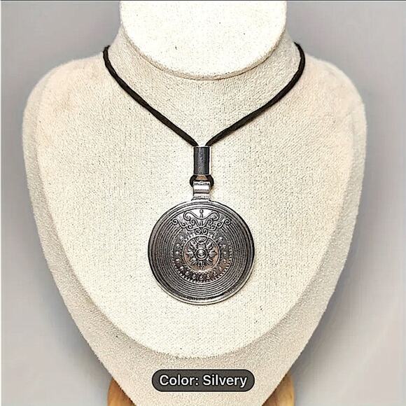 Boho Silver Statement Tribal Choker Necklace Disk - Picture 3 of 4